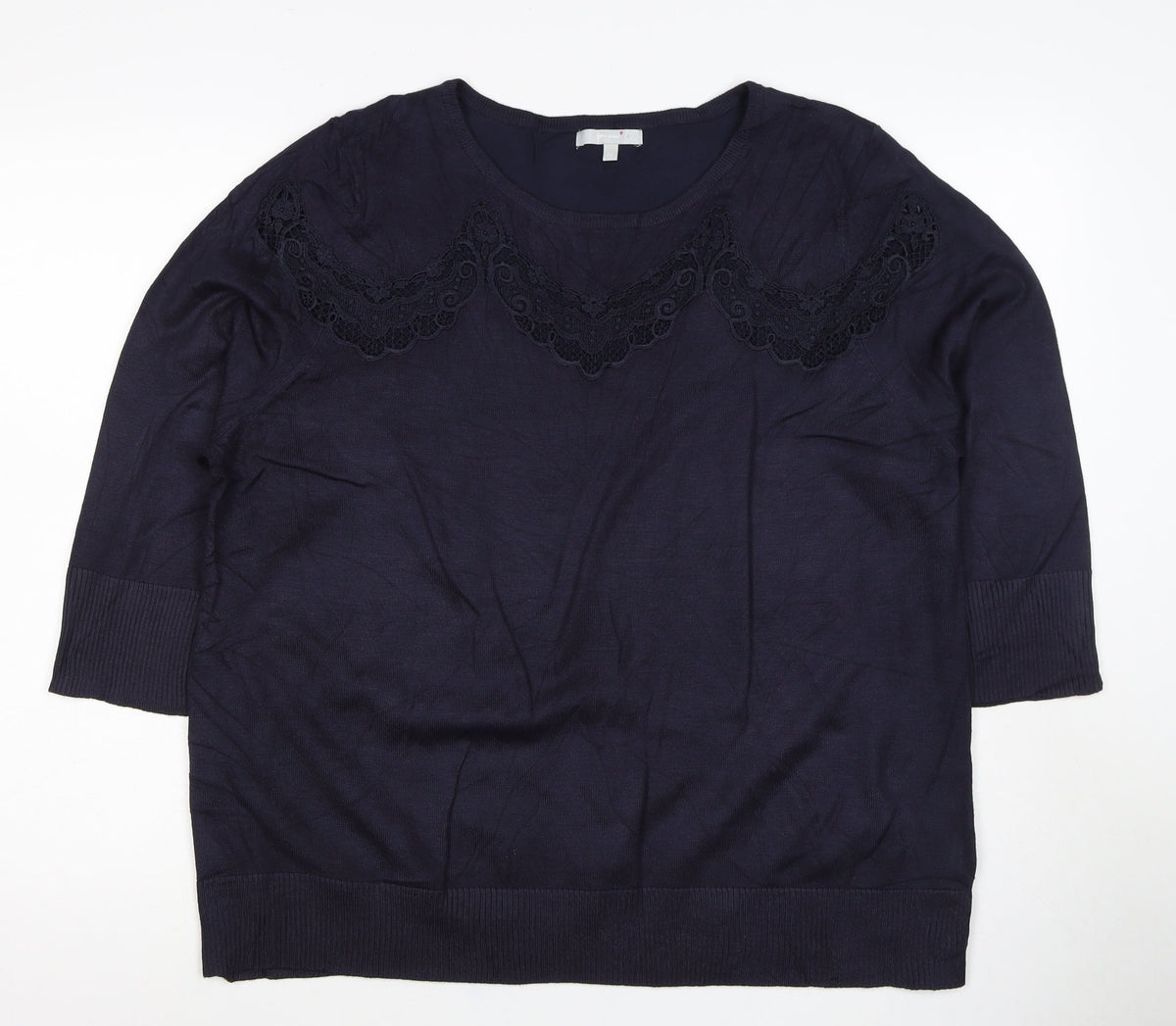 Per Una Women Navy UK 22 Lace Yoke 3/4 Sleeve Knit Top