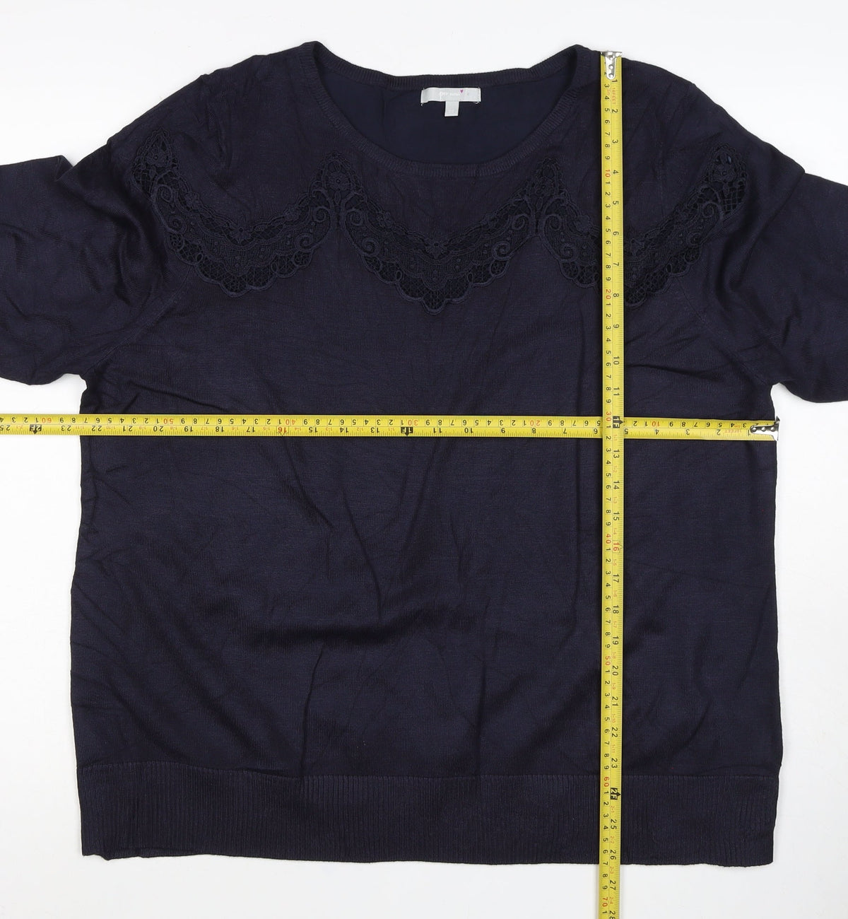 Per Una Women Navy UK 22 Lace Yoke 3/4 Sleeve Knit Top