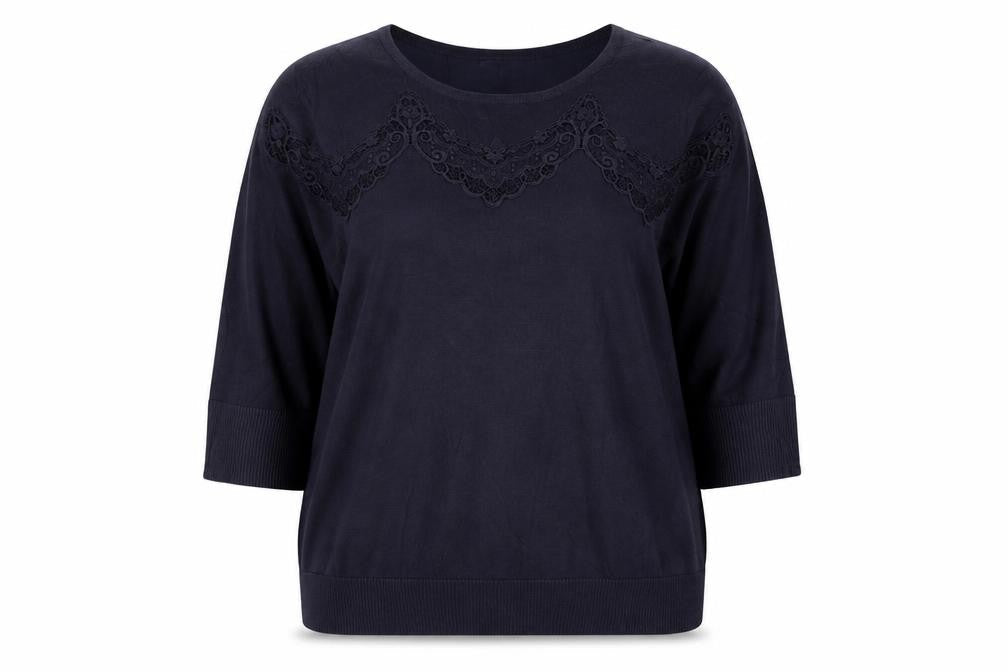 Per Una Women Navy UK 22 Lace Yoke 3/4 Sleeve Knit Top