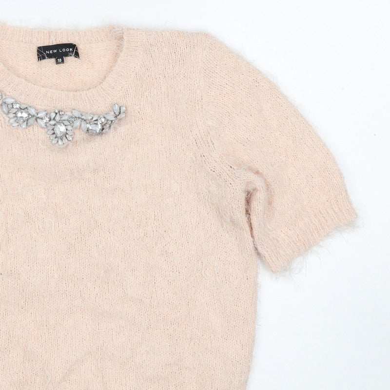New Look Women Beige Size 10 Knit Beaded Rhinestone Short Sleeve Top
