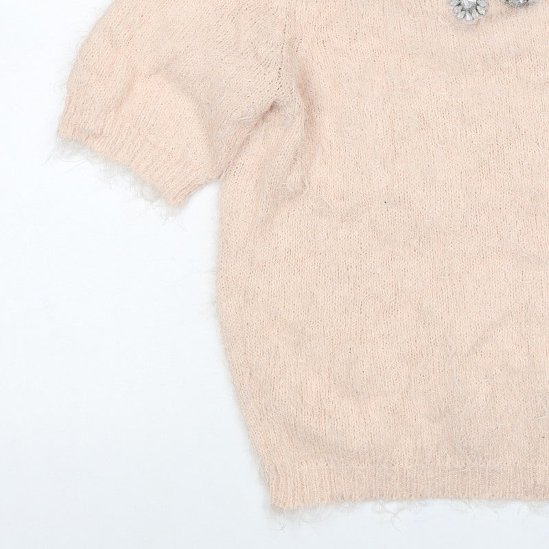 New Look Women Beige Size 10 Knit Beaded Rhinestone Short Sleeve Top