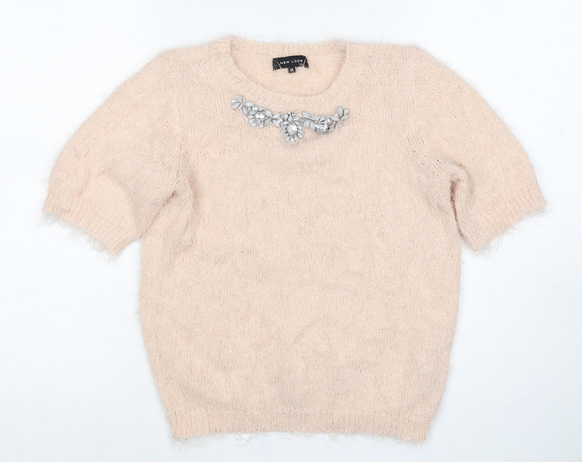 New Look Women Beige Size 10 Knit Beaded Rhinestone Short Sleeve Top