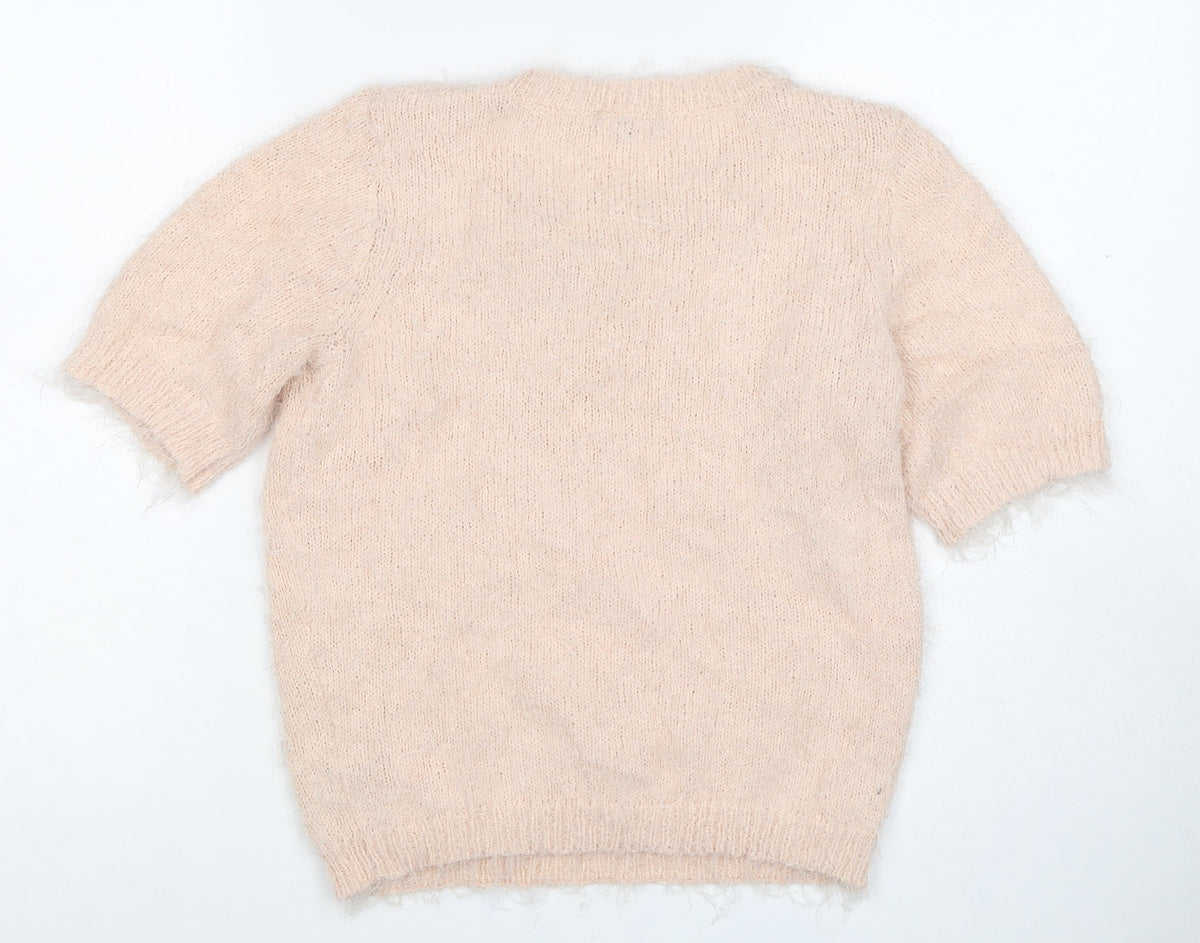 New Look Women Beige Size 10 Knit Beaded Rhinestone Short Sleeve Top