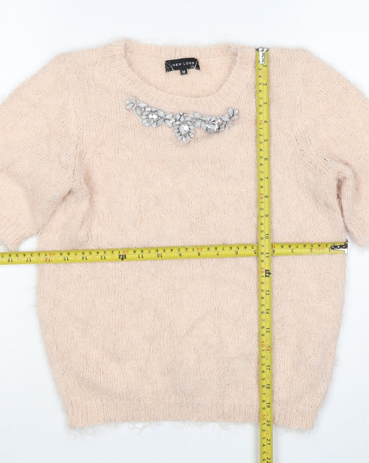 New Look Women Beige Size 10 Knit Beaded Rhinestone Short Sleeve Top