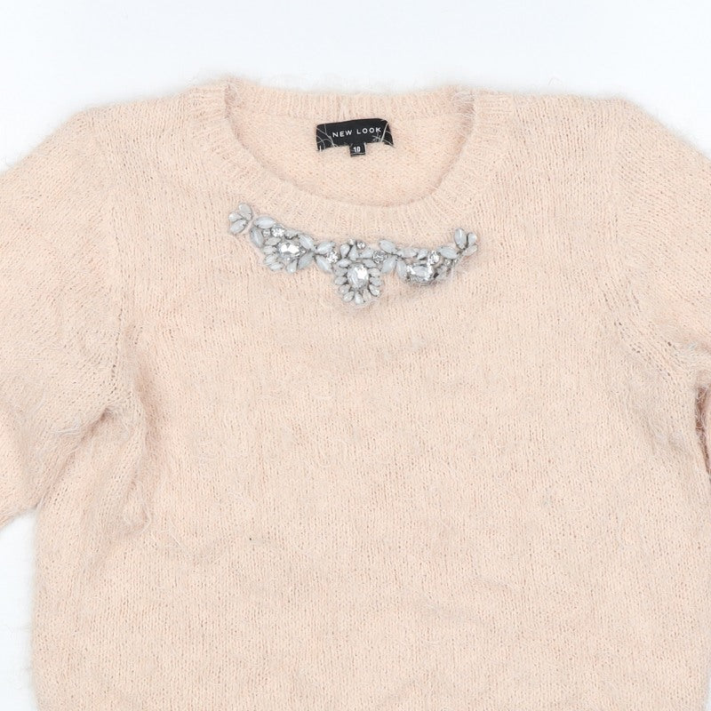 New Look Women Beige Size 10 Knit Beaded Rhinestone Short Sleeve Top