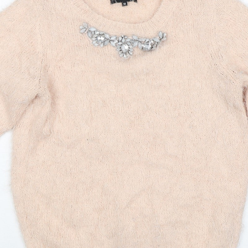 New Look Women Beige Size 10 Knit Beaded Rhinestone Short Sleeve Top