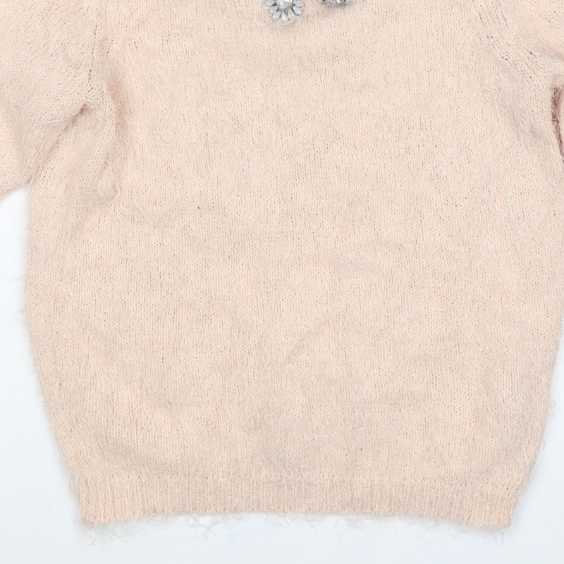 New Look Women Beige Size 10 Knit Beaded Rhinestone Short Sleeve Top