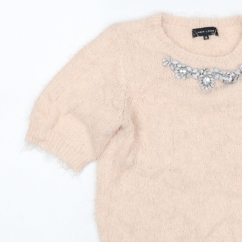 New Look Women Beige Size 10 Knit Beaded Rhinestone Short Sleeve Top