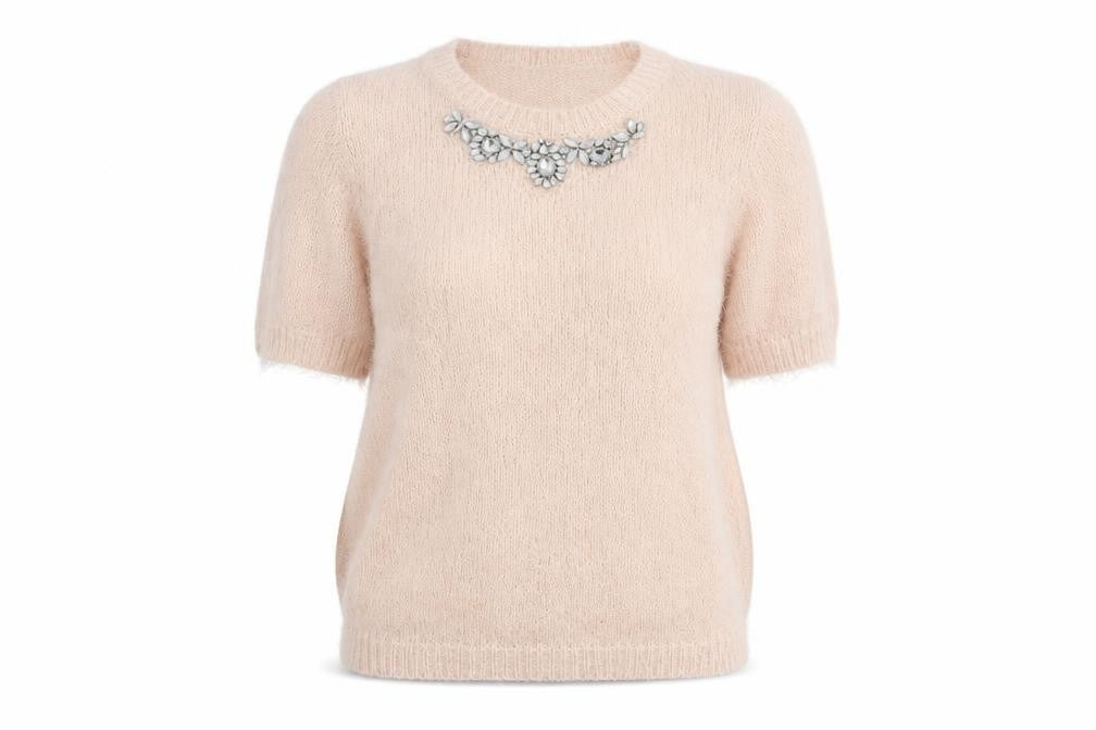 New Look Women Beige Size 10 Knit Beaded Rhinestone Short Sleeve Top