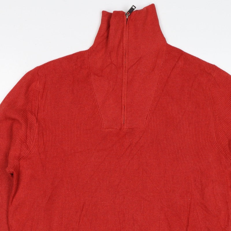 M&S Men’s Red M Half Zip High Neck Cotton Blend Jumper