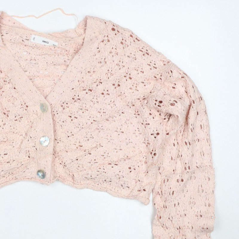 MNG Women Pink M Open Knit Cropped V-Neck Button Cardigan