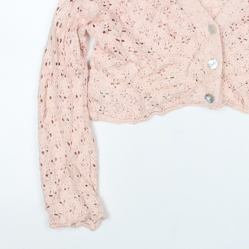 MNG Women Pink M Open Knit Cropped V-Neck Button Cardigan