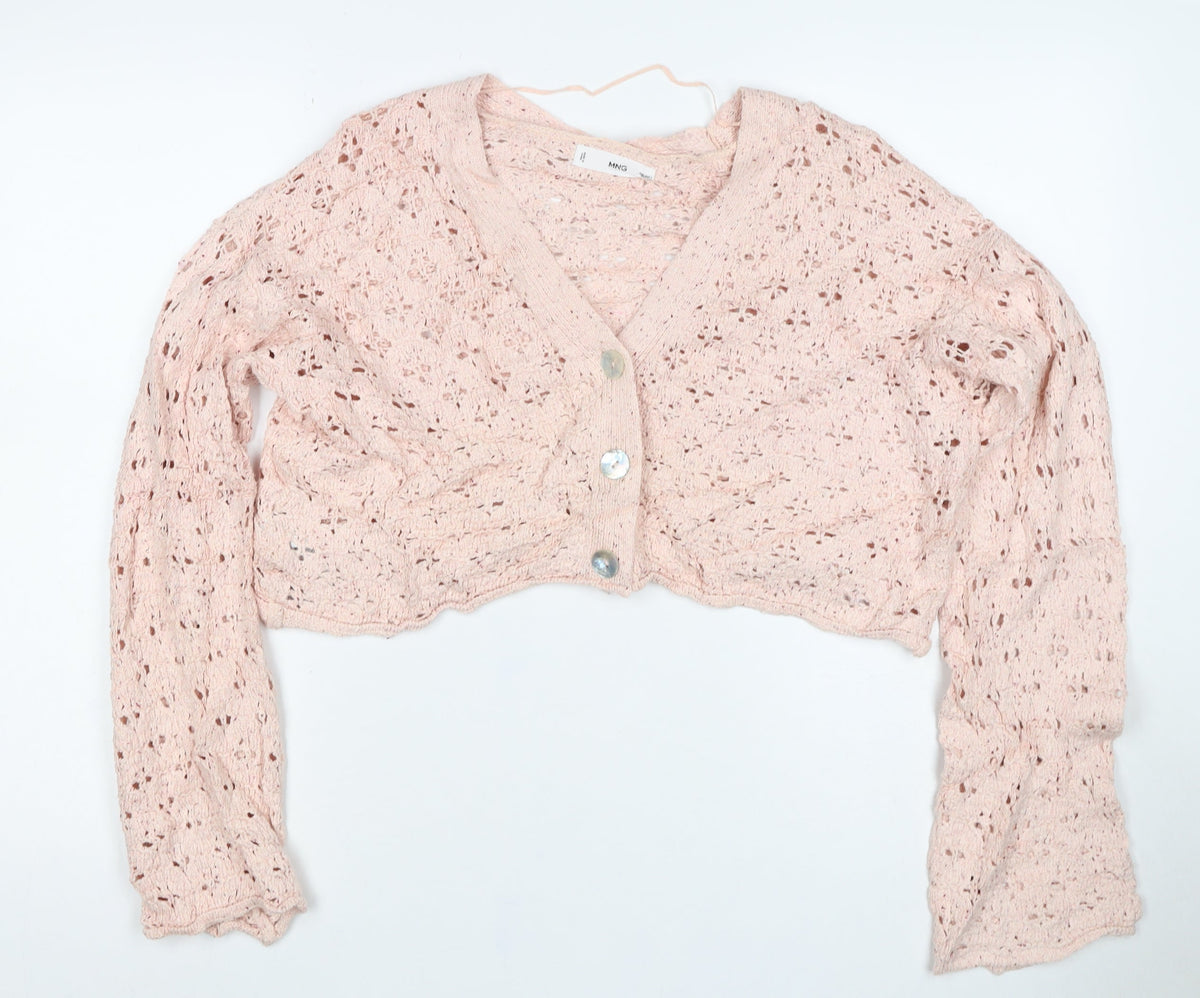 MNG Women Pink M Open Knit Cropped V-Neck Button Cardigan