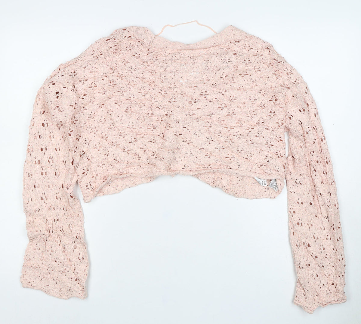 MNG Women Pink M Open Knit Cropped V-Neck Button Cardigan