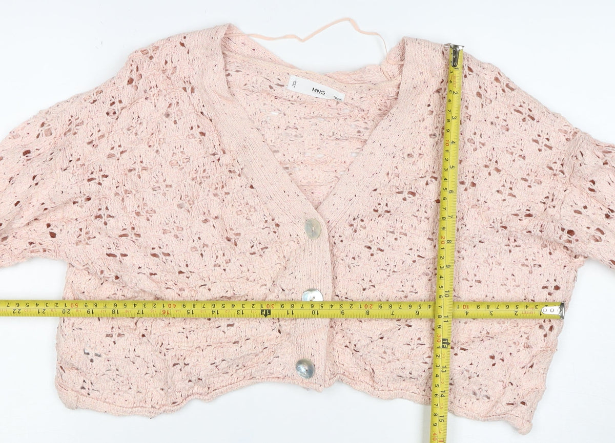MNG Women Pink M Open Knit Cropped V-Neck Button Cardigan