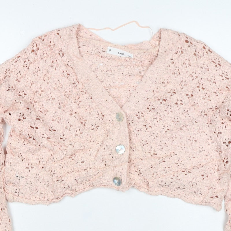 MNG Women Pink M Open Knit Cropped V-Neck Button Cardigan