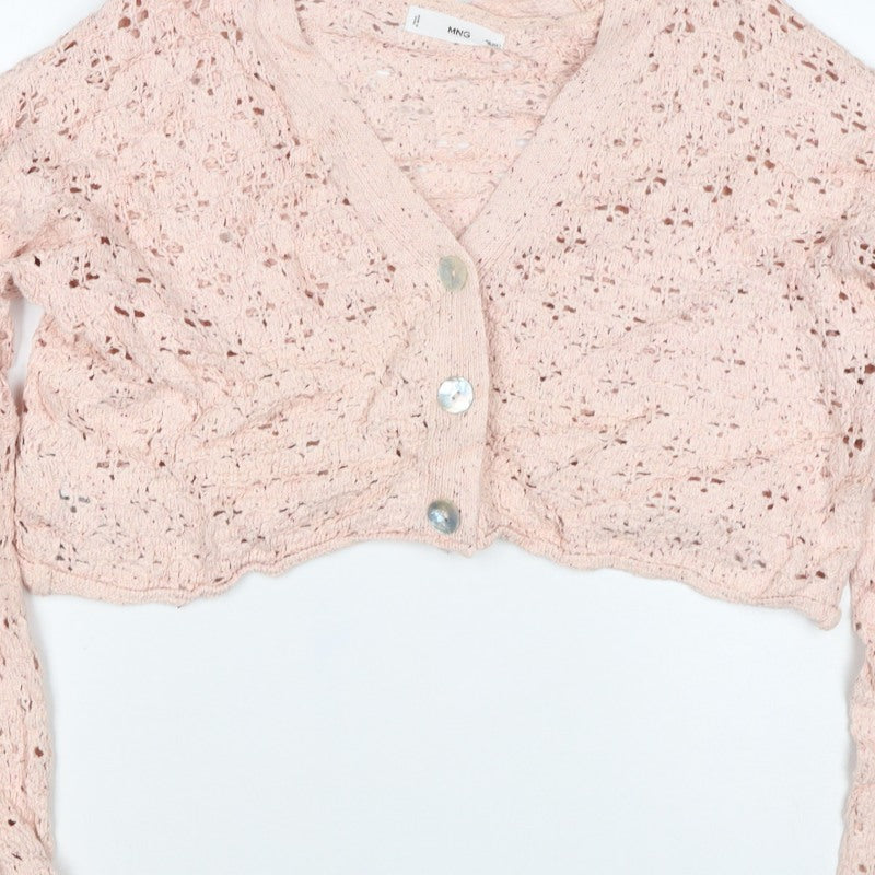 MNG Women Pink M Open Knit Cropped V-Neck Button Cardigan