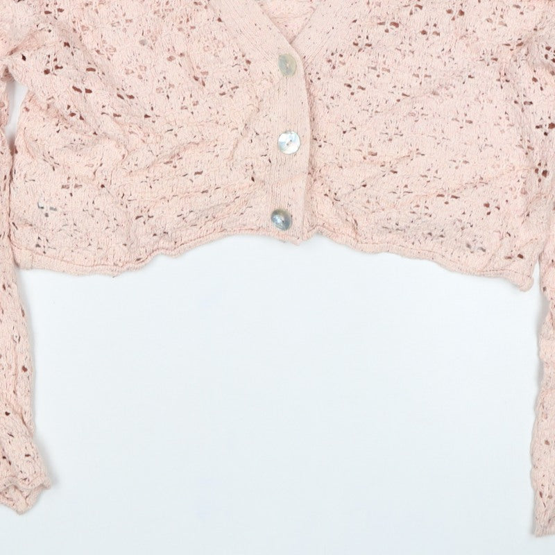MNG Women Pink M Open Knit Cropped V-Neck Button Cardigan