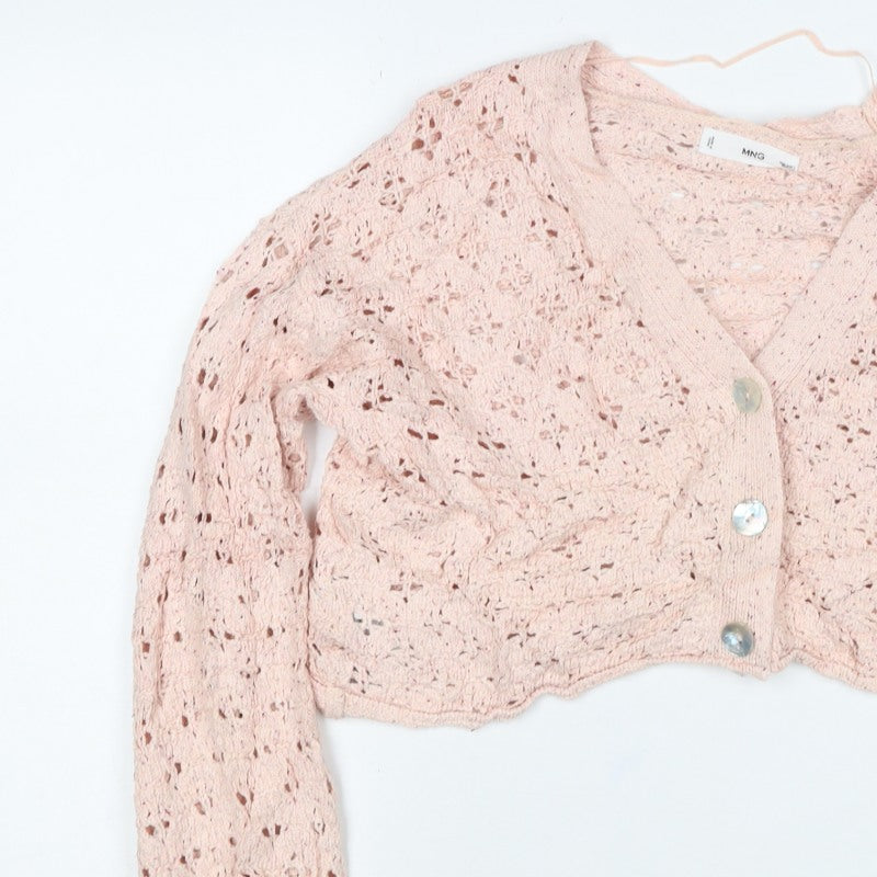 MNG Women Pink M Open Knit Cropped V-Neck Button Cardigan