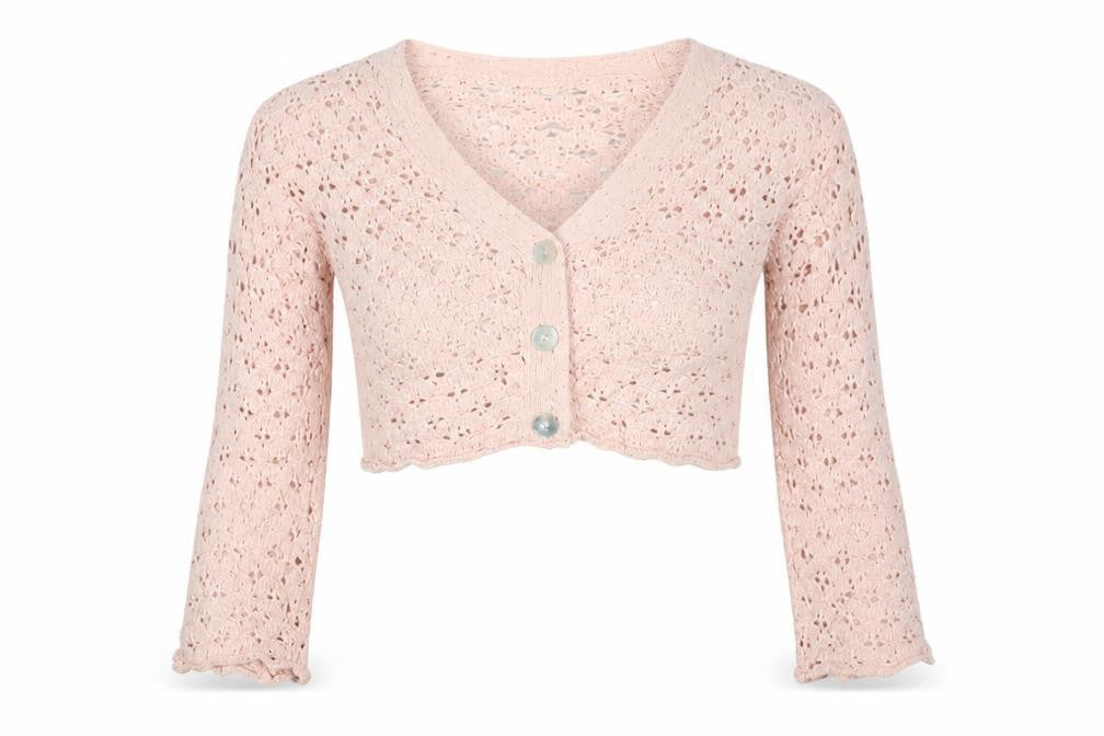 MNG Women Pink M Open Knit Cropped V-Neck Button Cardigan