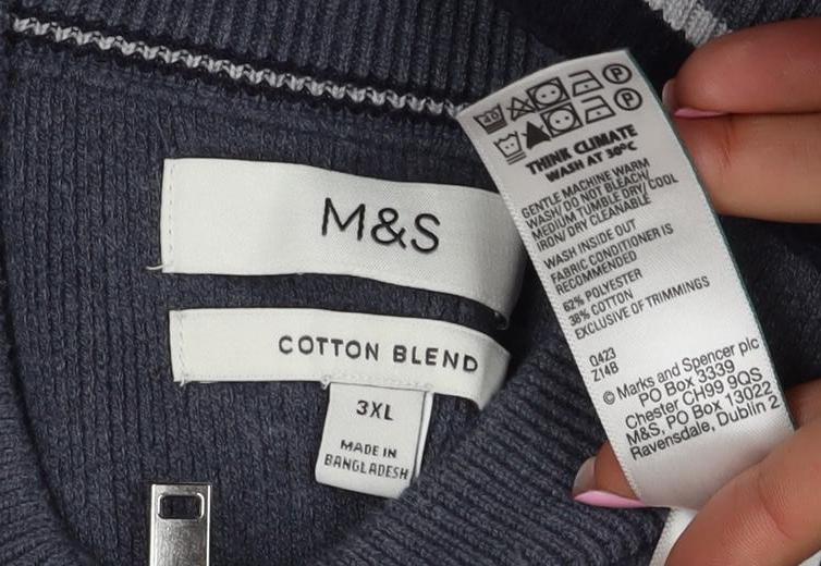 Marks & Spencer Men's Grey 3XL Full Zip Cotton Blend Knit Jumper