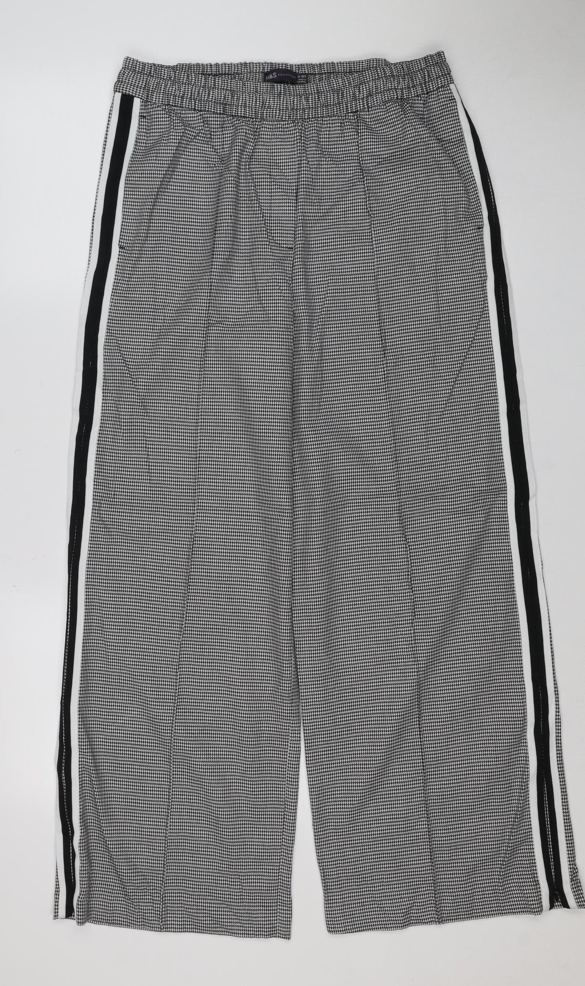 M&S Women’s Black White Check Tapered Stripe Trousers UK 12 Short