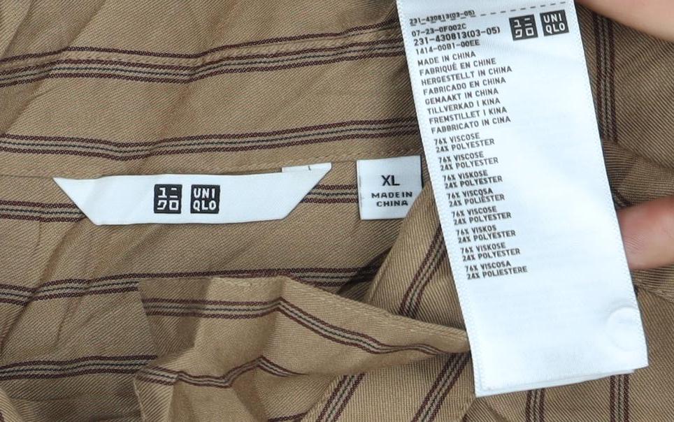 Uniqlo Men Beige Stripe Cotton Long Sleeve Button-Up Shirt XL
