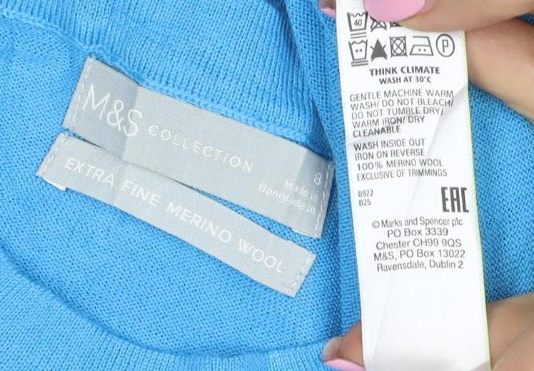 M&S Women’s Blue Size 8 Extra Fine Merino Wool Crew Neck Jumper