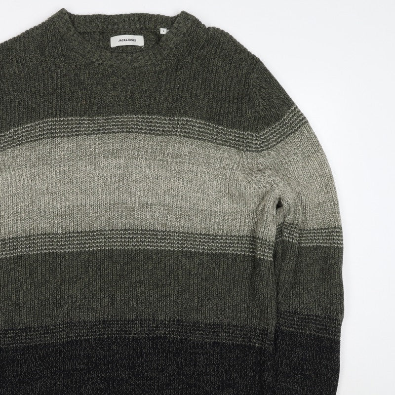 Jack & Jones Men’s Green Grey Striped Chunky Knit Crew Neck Jumper L