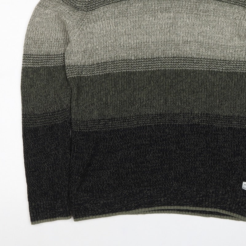 Jack & Jones Men’s Green Grey Striped Chunky Knit Crew Neck Jumper L