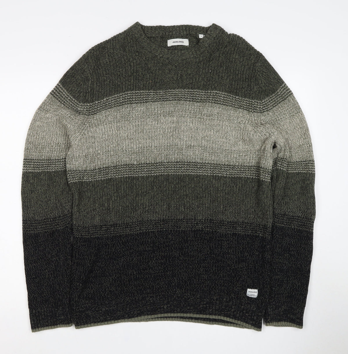 Jack & Jones Men’s Green Grey Striped Chunky Knit Crew Neck Jumper L