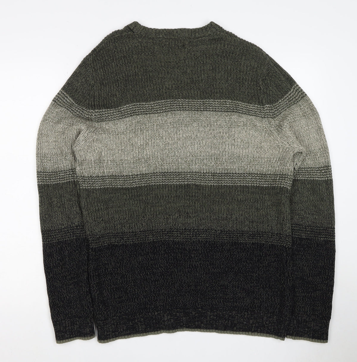 Jack & Jones Men’s Green Grey Striped Chunky Knit Crew Neck Jumper L