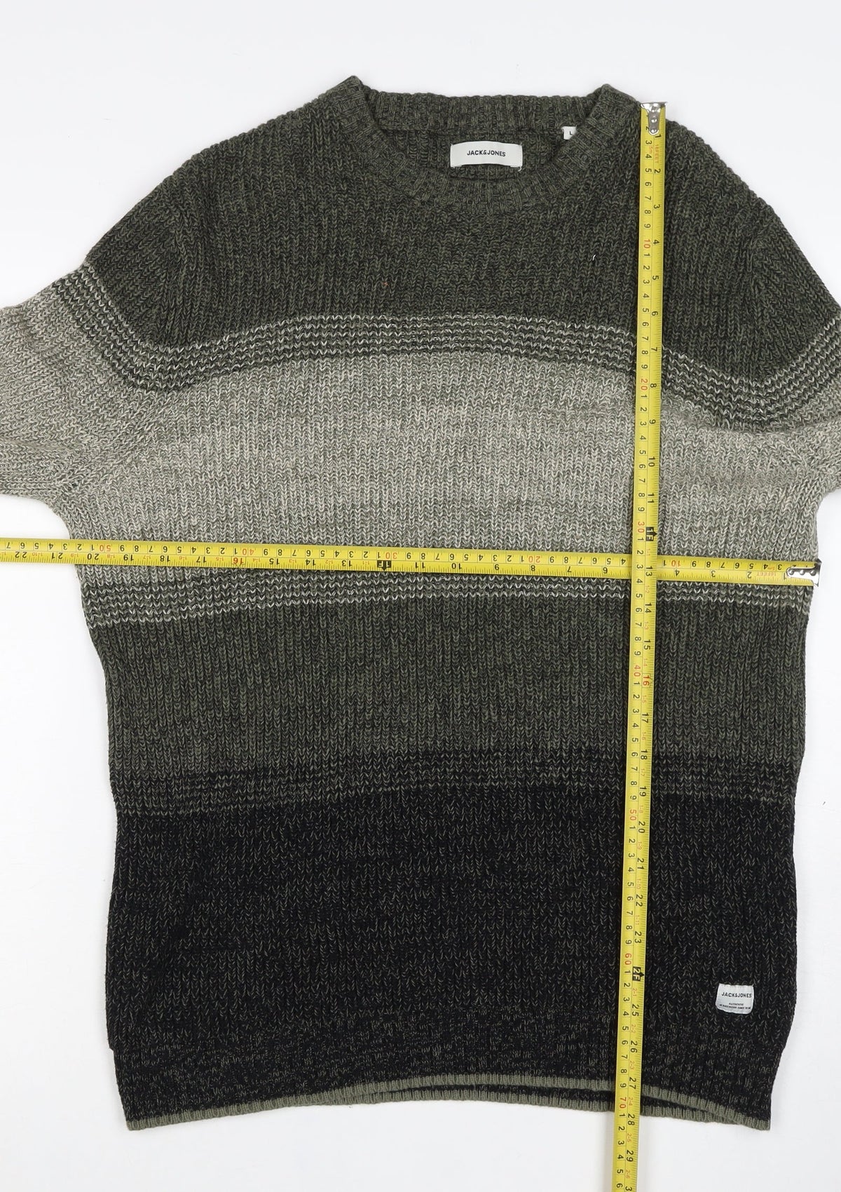 Jack & Jones Men’s Green Grey Striped Chunky Knit Crew Neck Jumper L