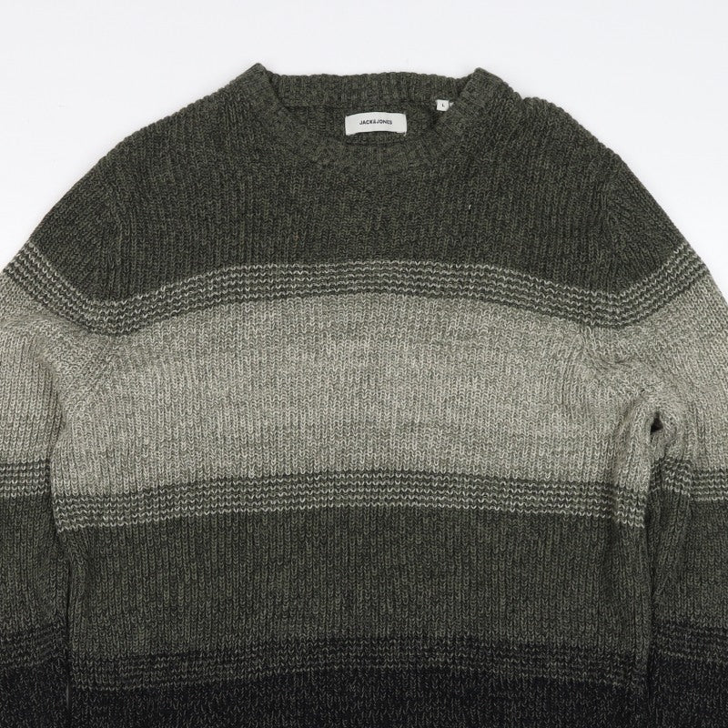 Jack & Jones Men’s Green Grey Striped Chunky Knit Crew Neck Jumper L