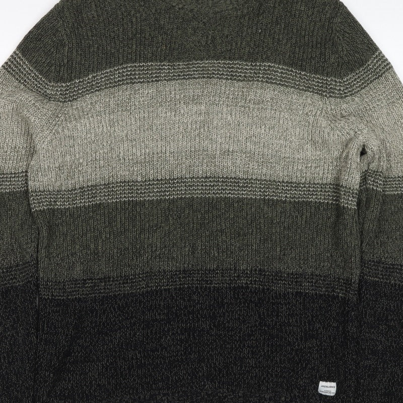 Jack & Jones Men’s Green Grey Striped Chunky Knit Crew Neck Jumper L