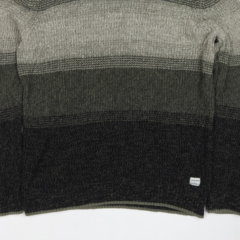 Jack & Jones Men’s Green Grey Striped Chunky Knit Crew Neck Jumper L
