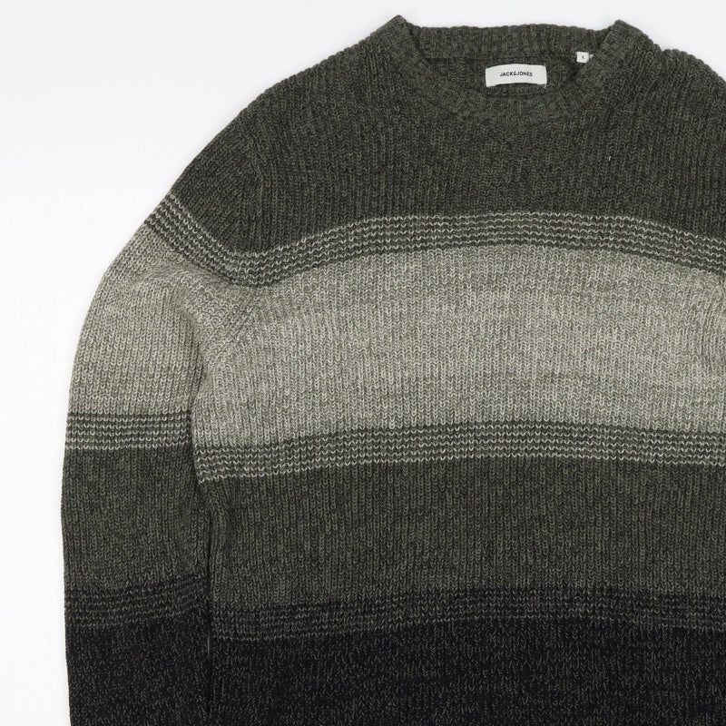 Jack & Jones Men’s Green Grey Striped Chunky Knit Crew Neck Jumper L