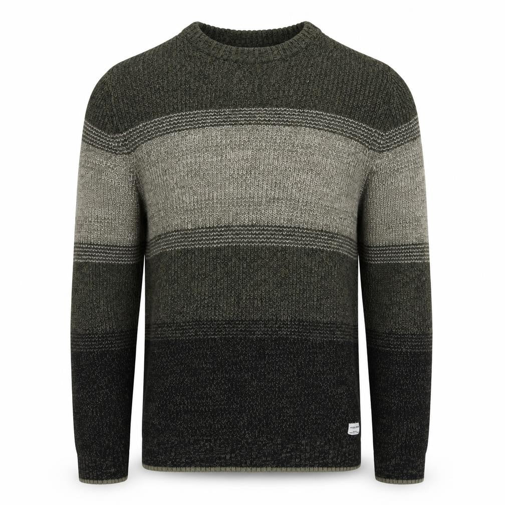 Jack & Jones Men’s Green Grey Striped Chunky Knit Crew Neck Jumper L