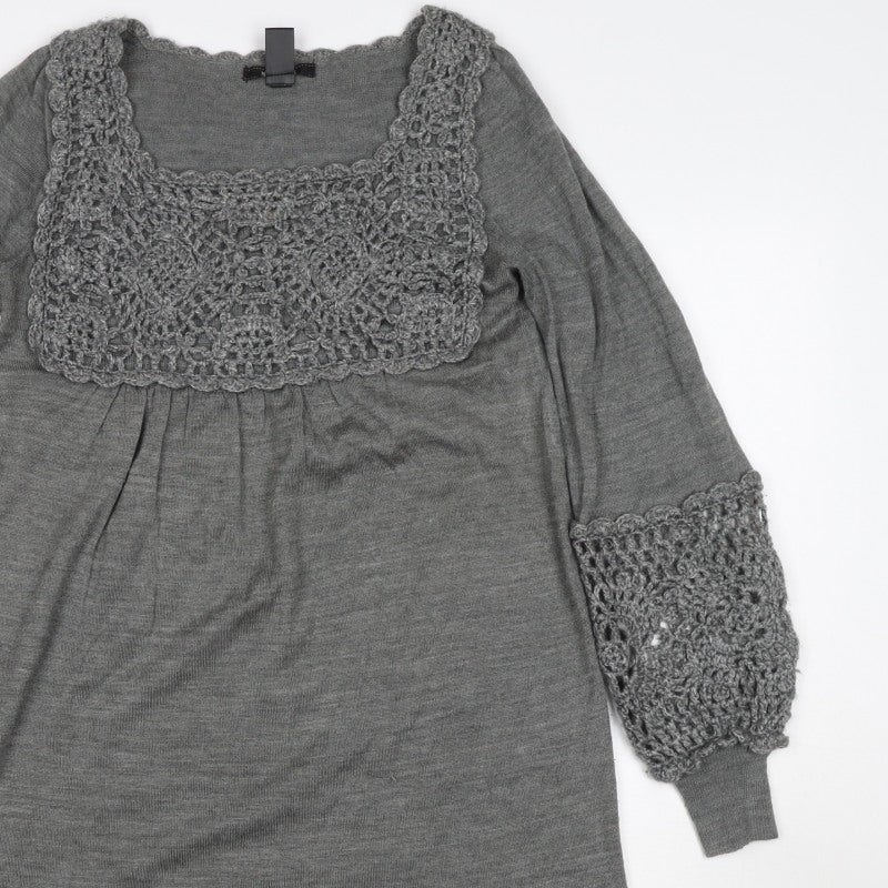 Mango Women’s Grey S Crochet Knit Jumper Dress Square Neck Boho