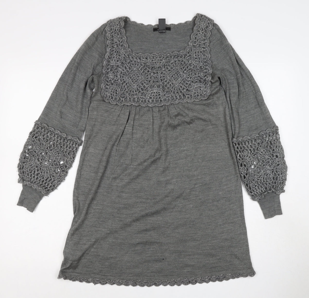 Mango Women’s Grey S Crochet Knit Jumper Dress Square Neck Boho