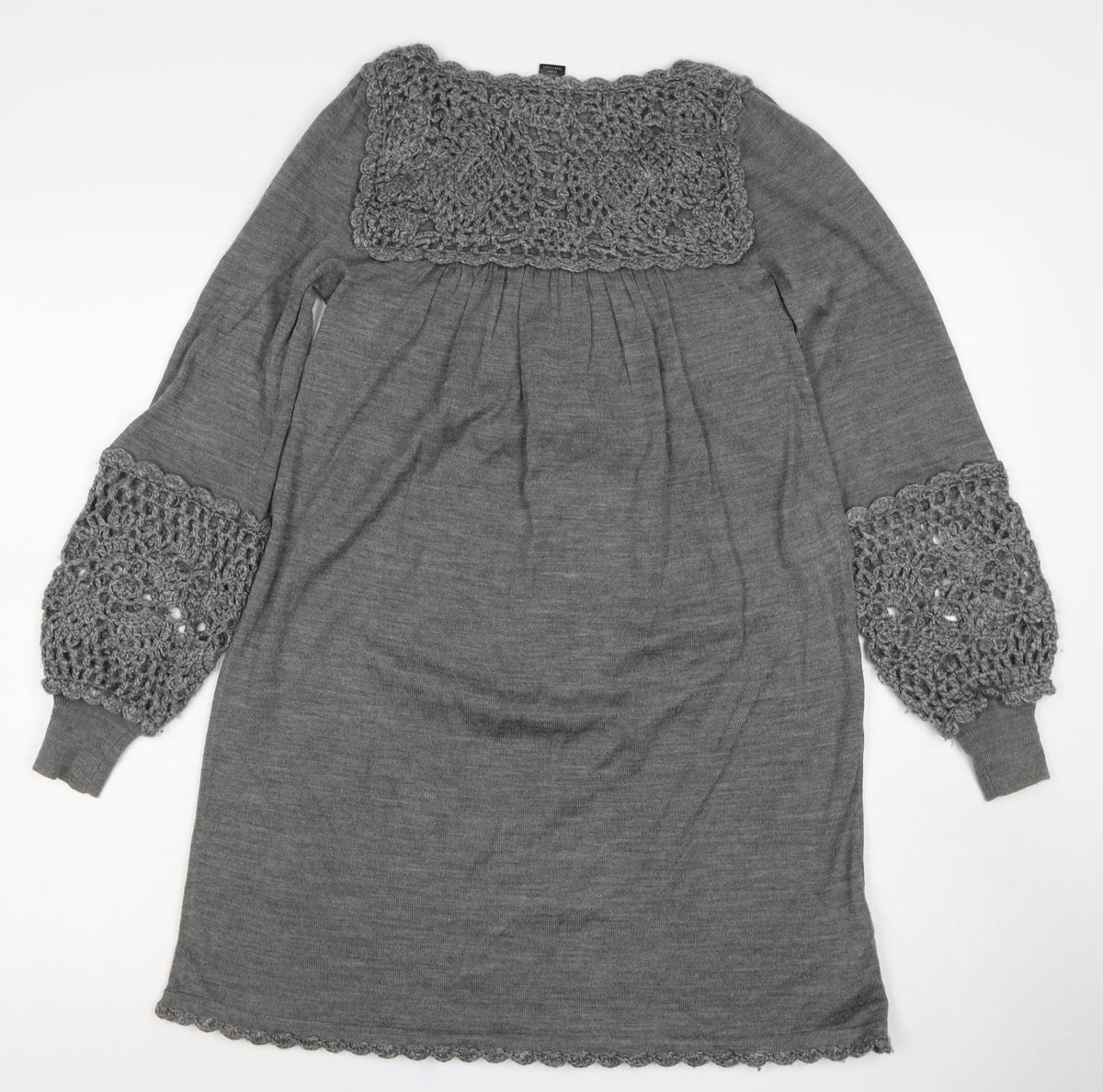 Mango Women’s Grey S Crochet Knit Jumper Dress Square Neck Boho