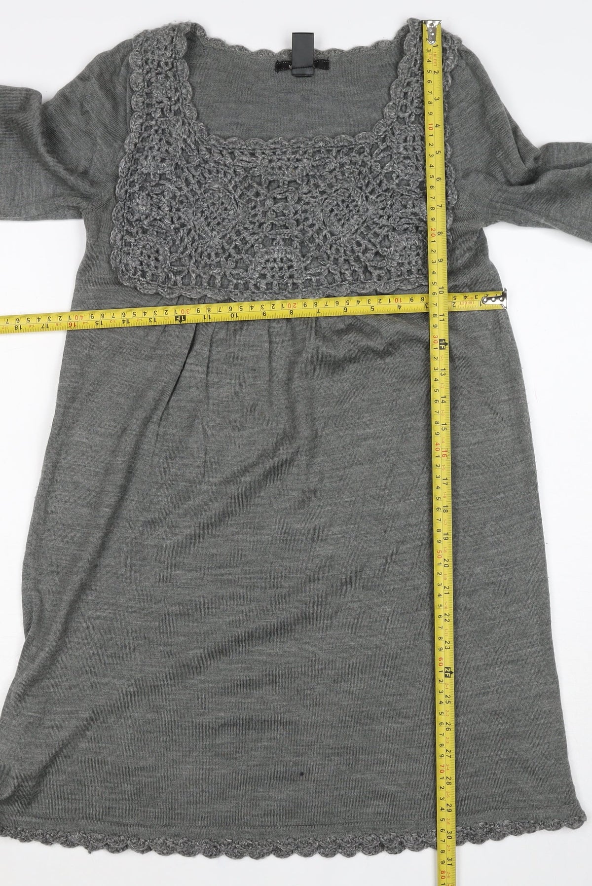 Mango Women’s Grey S Crochet Knit Jumper Dress Square Neck Boho