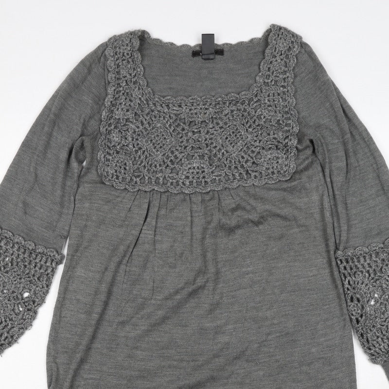 Mango Women’s Grey S Crochet Knit Jumper Dress Square Neck Boho