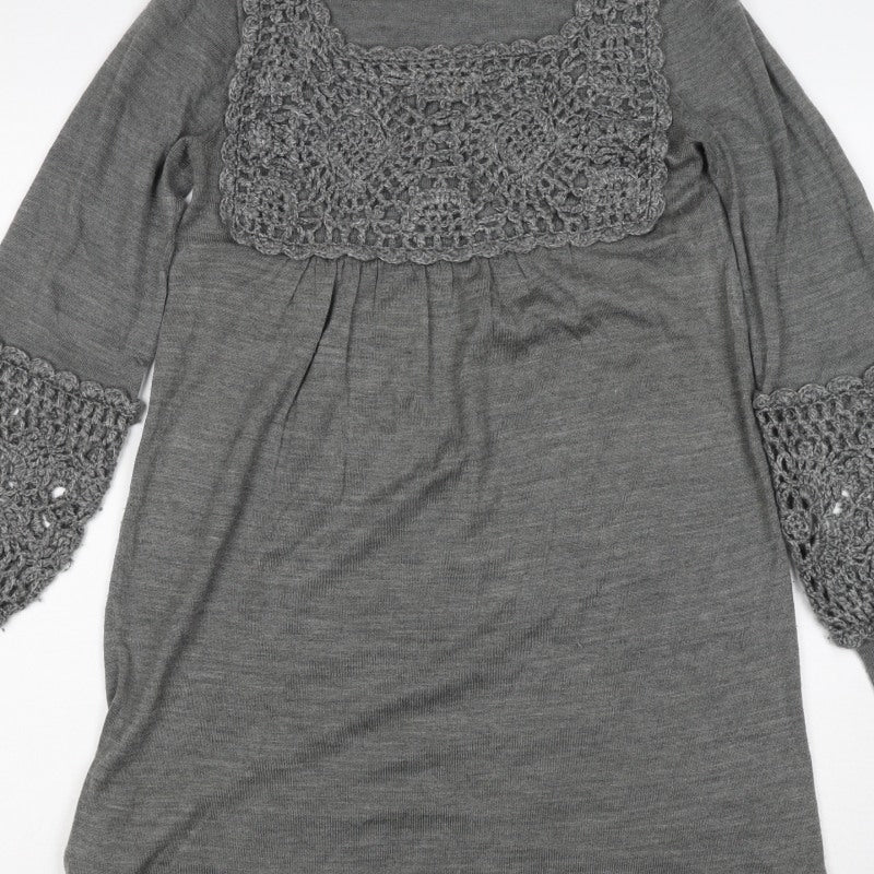 Mango Women’s Grey S Crochet Knit Jumper Dress Square Neck Boho