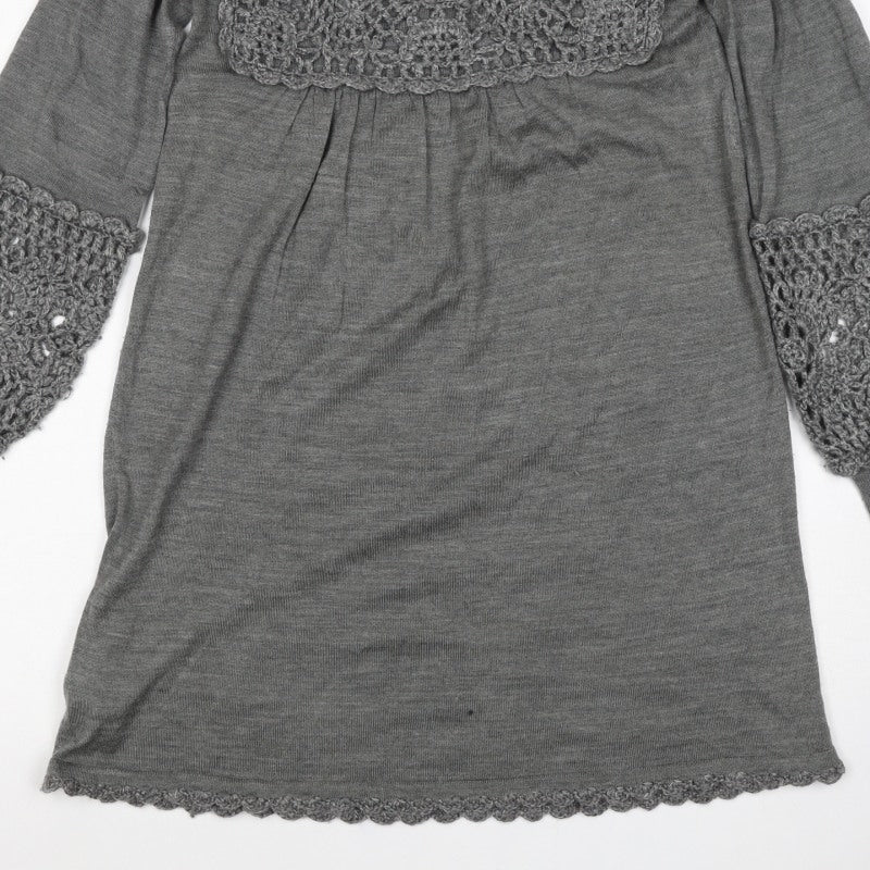 Mango Women’s Grey S Crochet Knit Jumper Dress Square Neck Boho