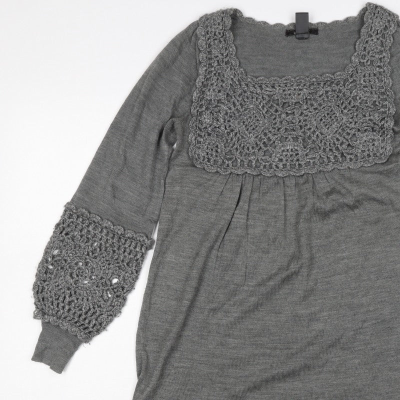 Mango Women’s Grey S Crochet Knit Jumper Dress Square Neck Boho