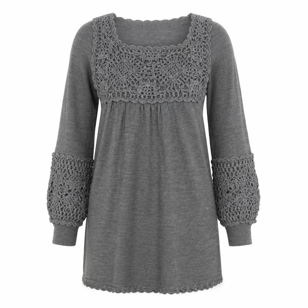 Mango Women’s Grey S Crochet Knit Jumper Dress Square Neck Boho