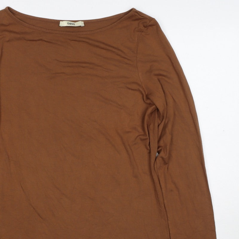 Oasis Women Brown L Basic Stretch Viscose Long Sleeve Boat Neck Top