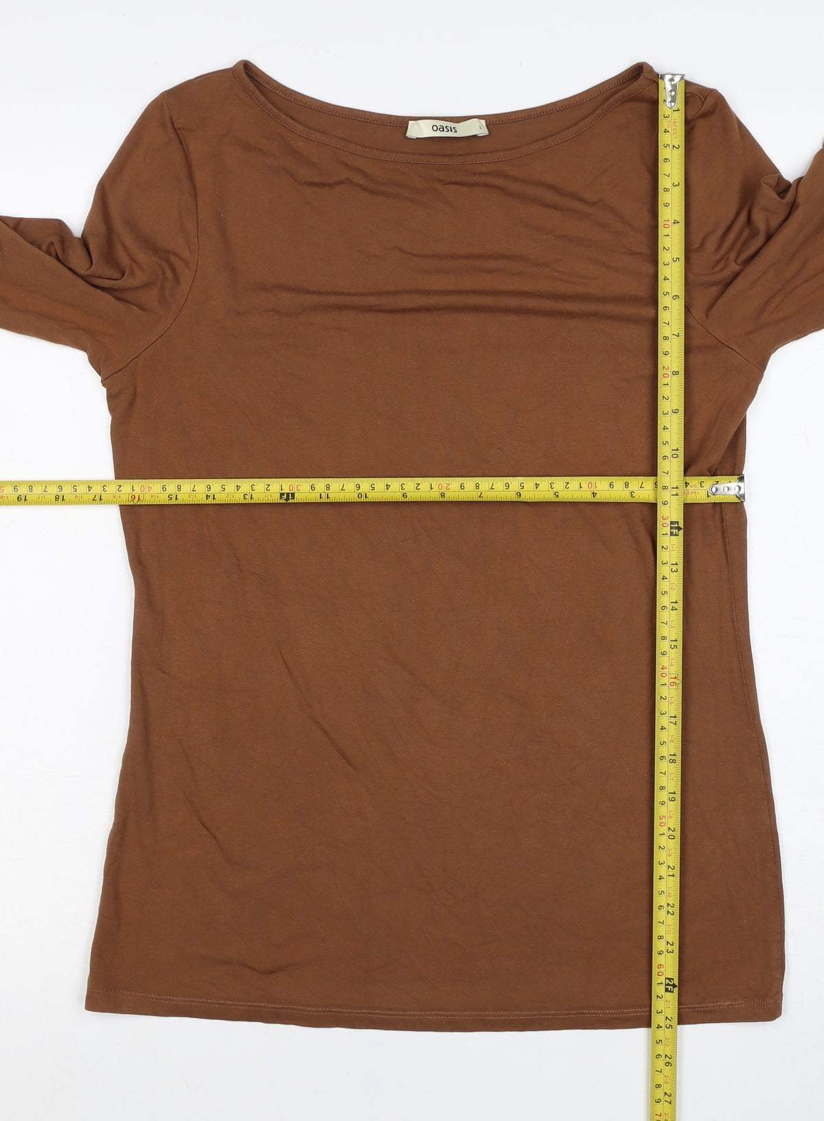 Oasis Women Brown L Basic Stretch Viscose Long Sleeve Boat Neck Top