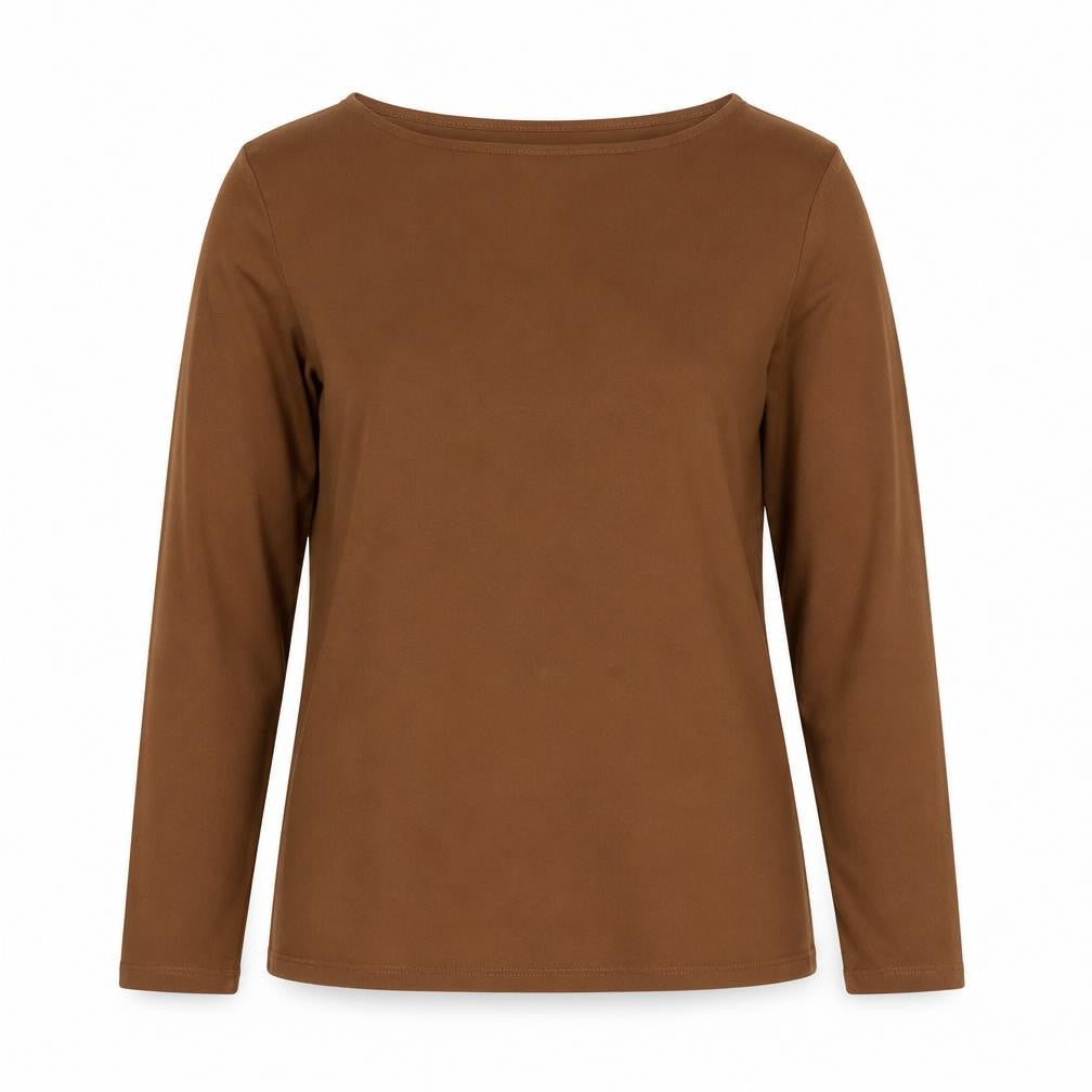 Oasis Women Brown L Basic Stretch Viscose Long Sleeve Boat Neck Top